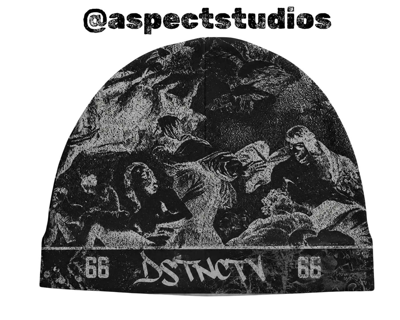 Black all-over printed beanie with DSTNCTV 66 graphic