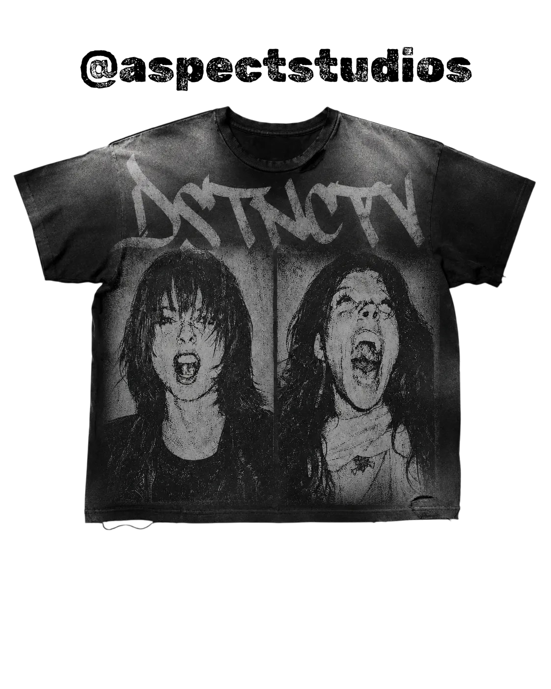 Black distressed boxy tee with DSTNCTV graffiti logo and halftone portrait print