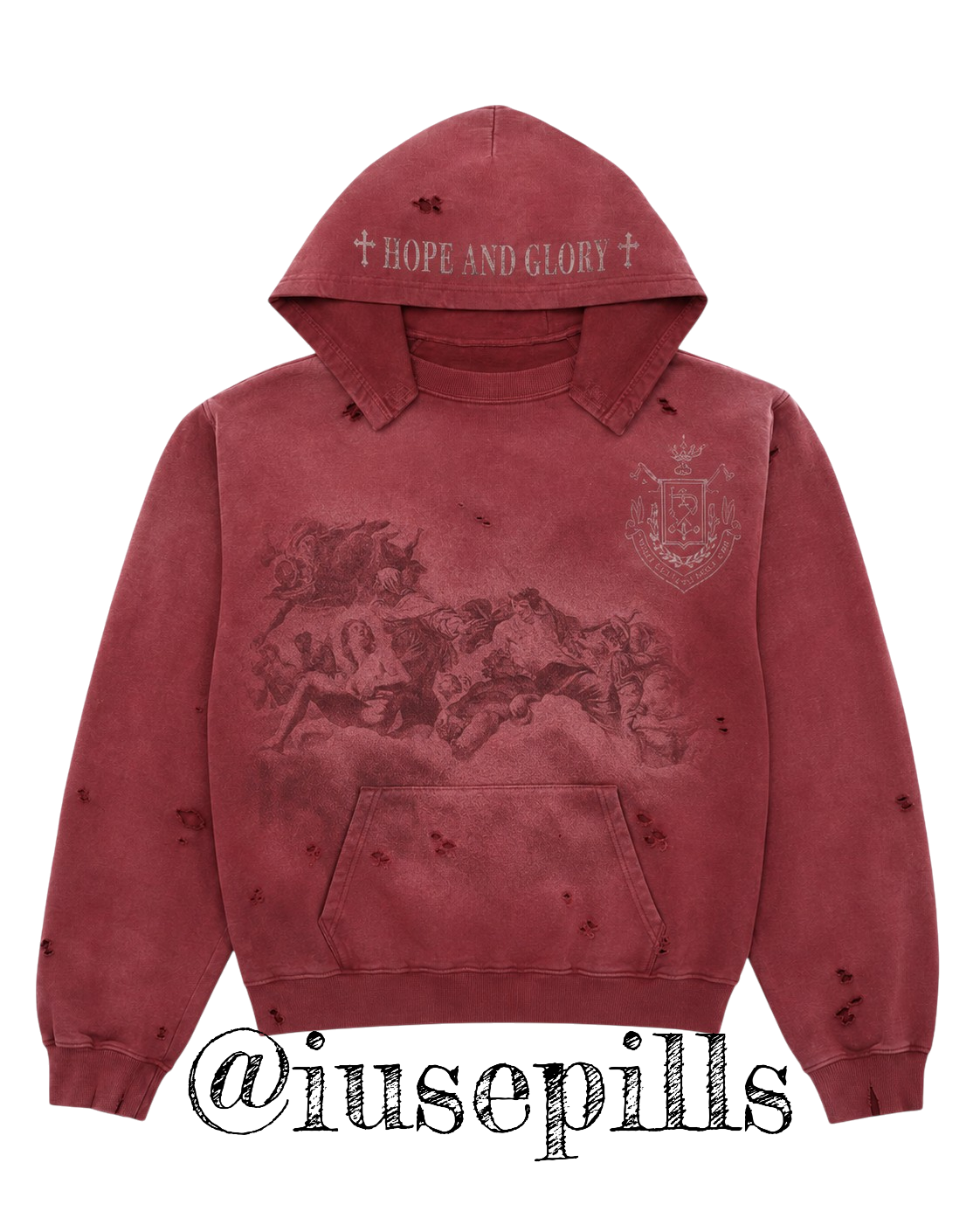 Faded red distressed hoodie with Hope and Glory hood text and baroque fresco print