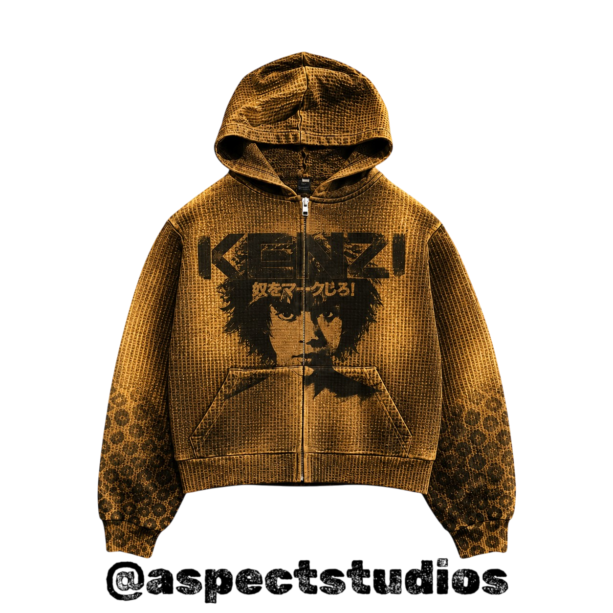 Mustard acid-wash waffle-knit zip hoodie with Kenzi manga screen print designed by Aspect Studios