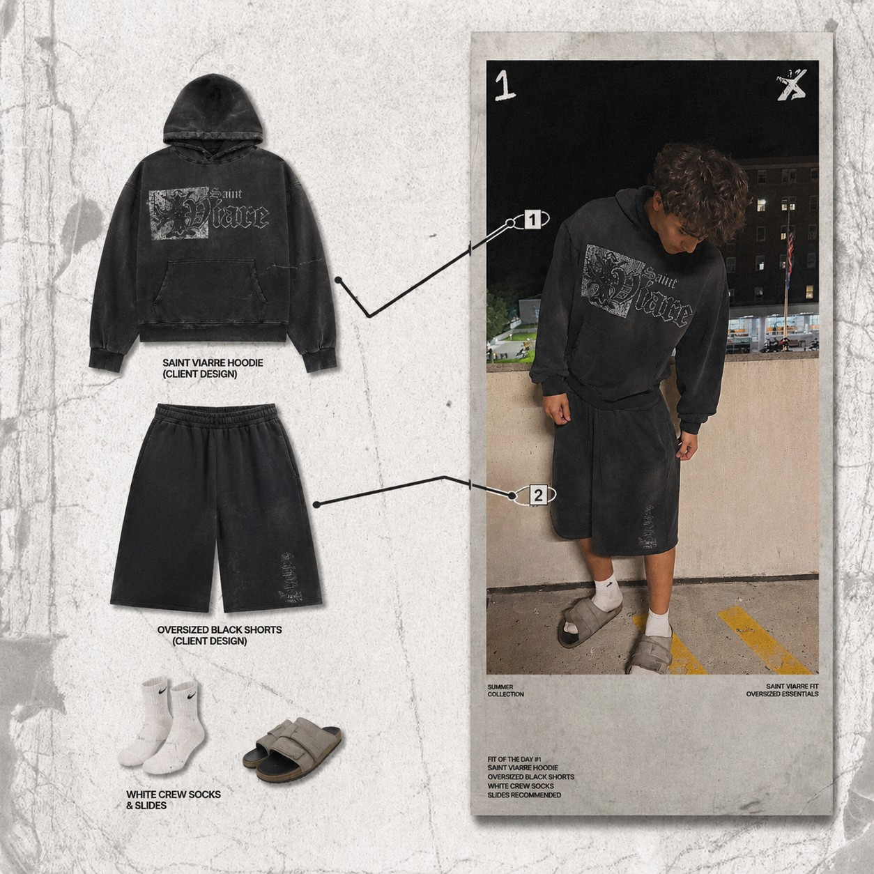 Saint Viarre fit guide graphic with annotated hoodie, shorts and on-model photo