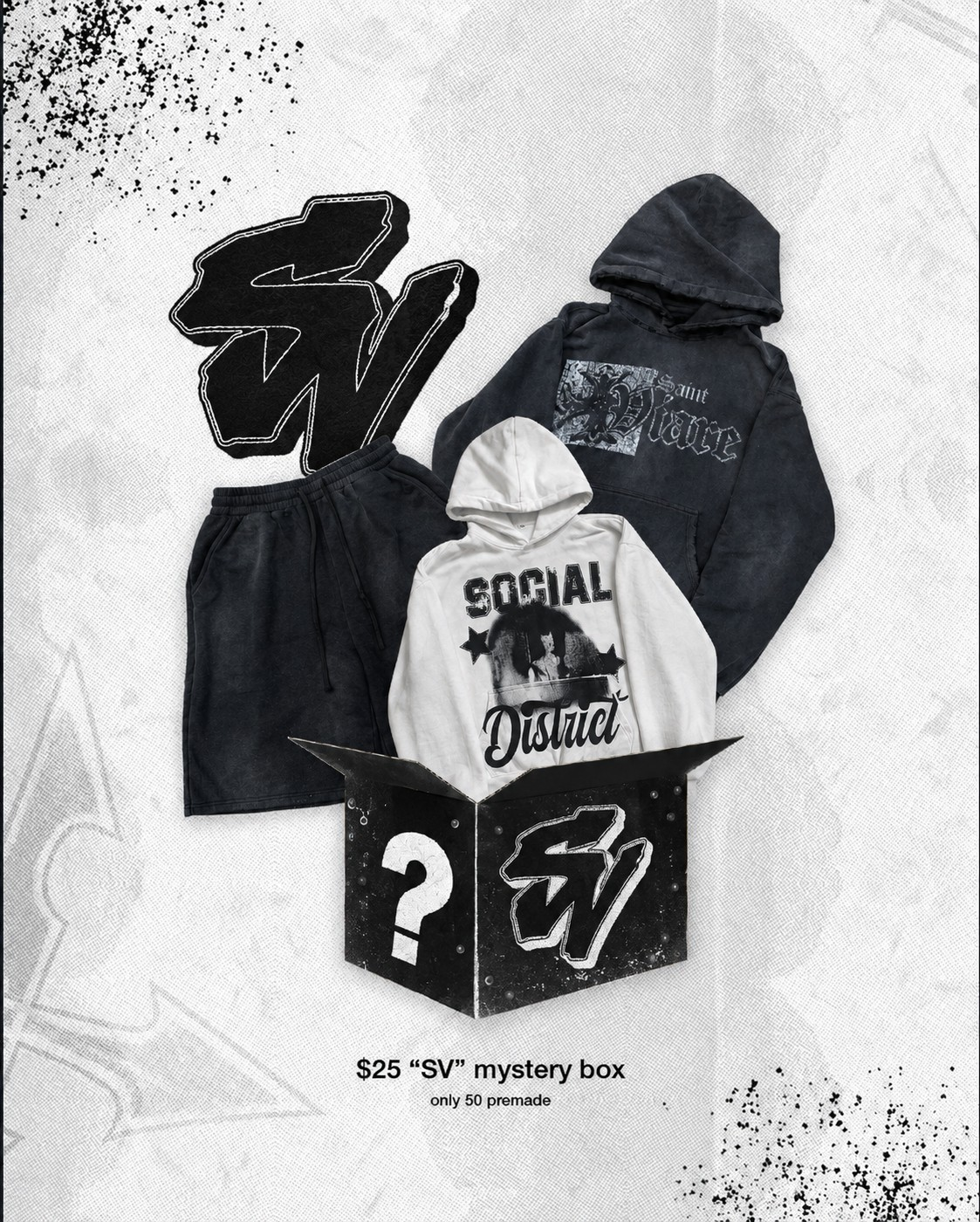 Black and white SV mystery box drop graphic featuring hoodies, shorts and a printed box