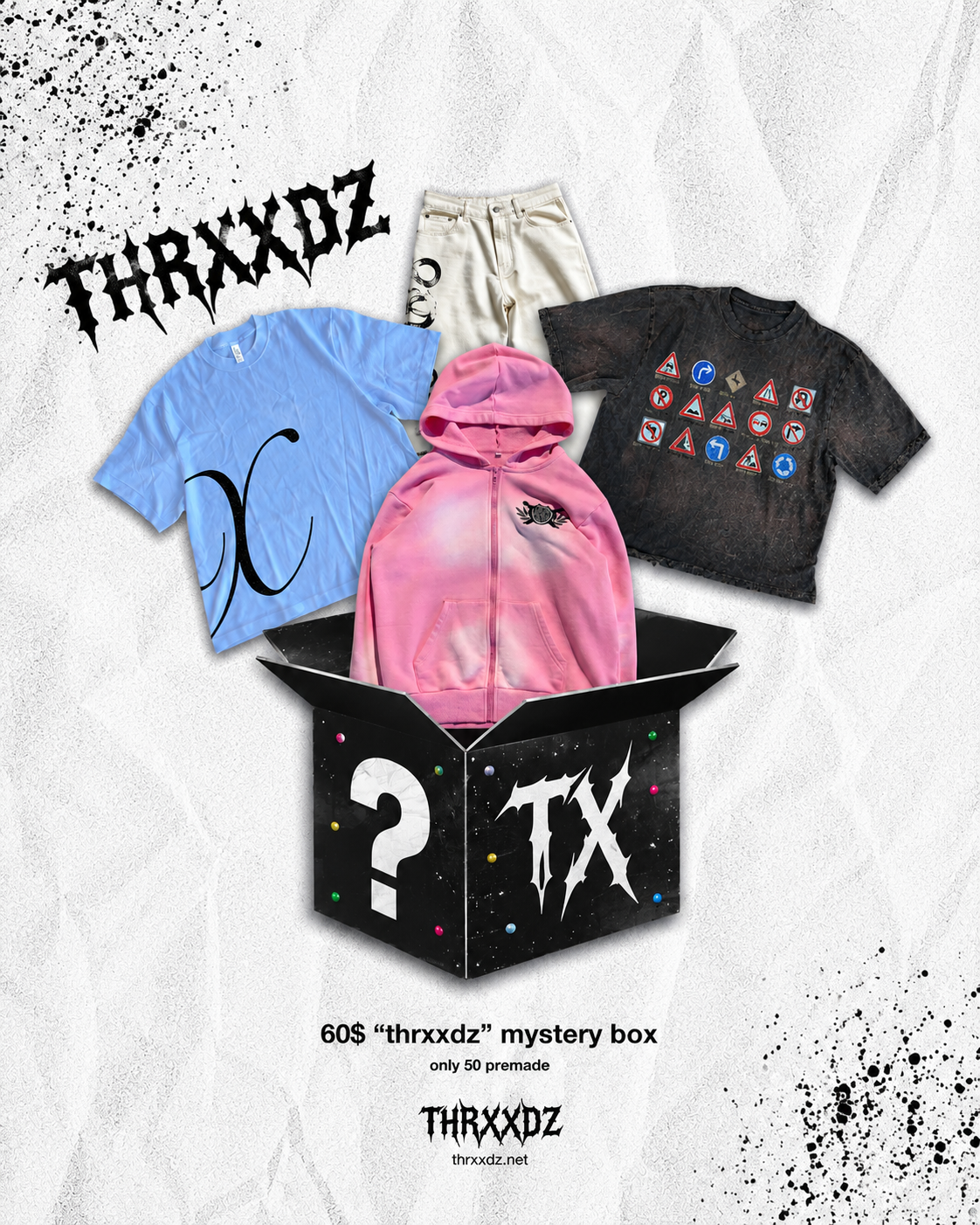 Thrxxdz mystery box drop graphic with hoodie, tees and printed box designed by Aspect Studios