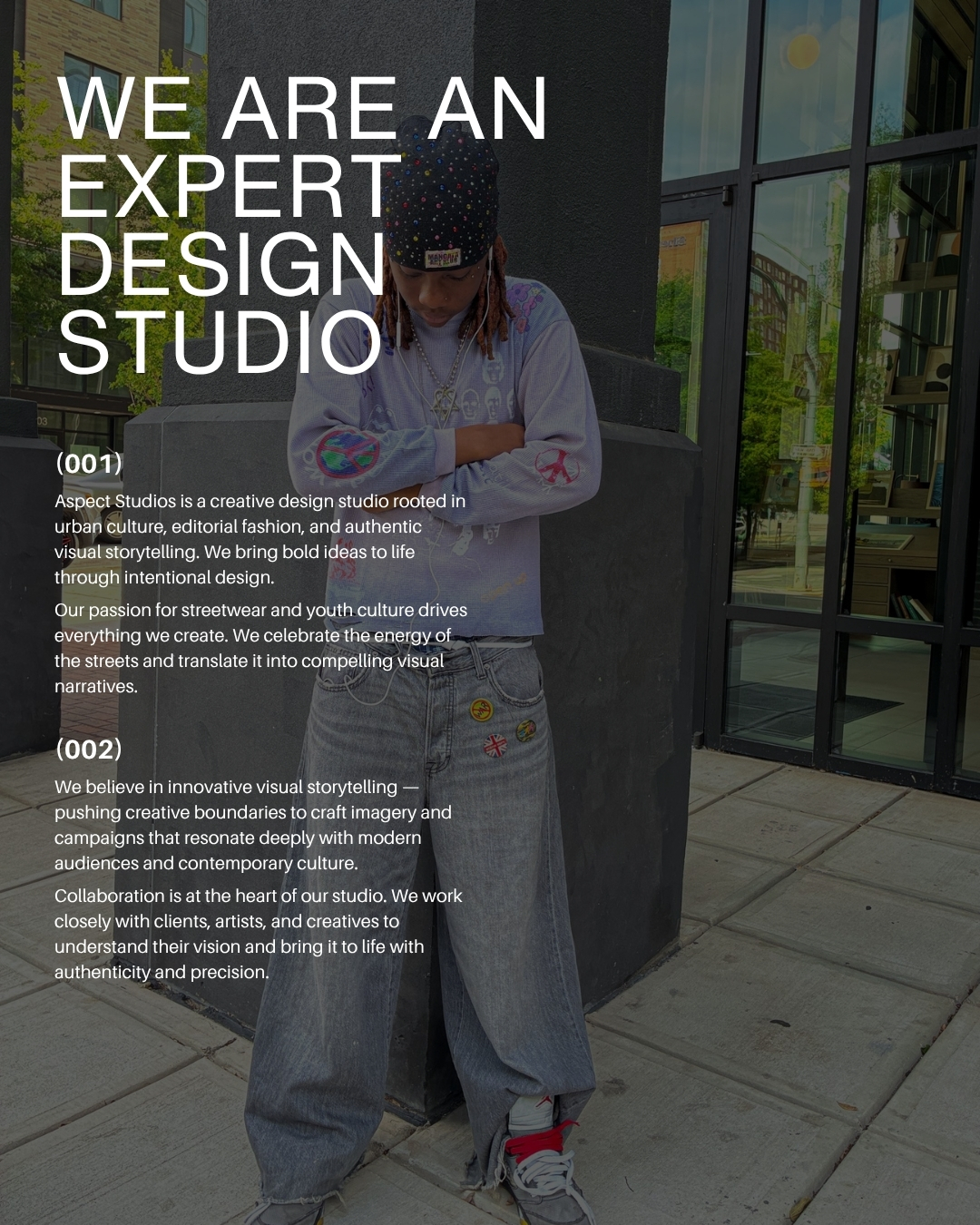 Aspect Studios editorial shoot — layered streetwear look on location