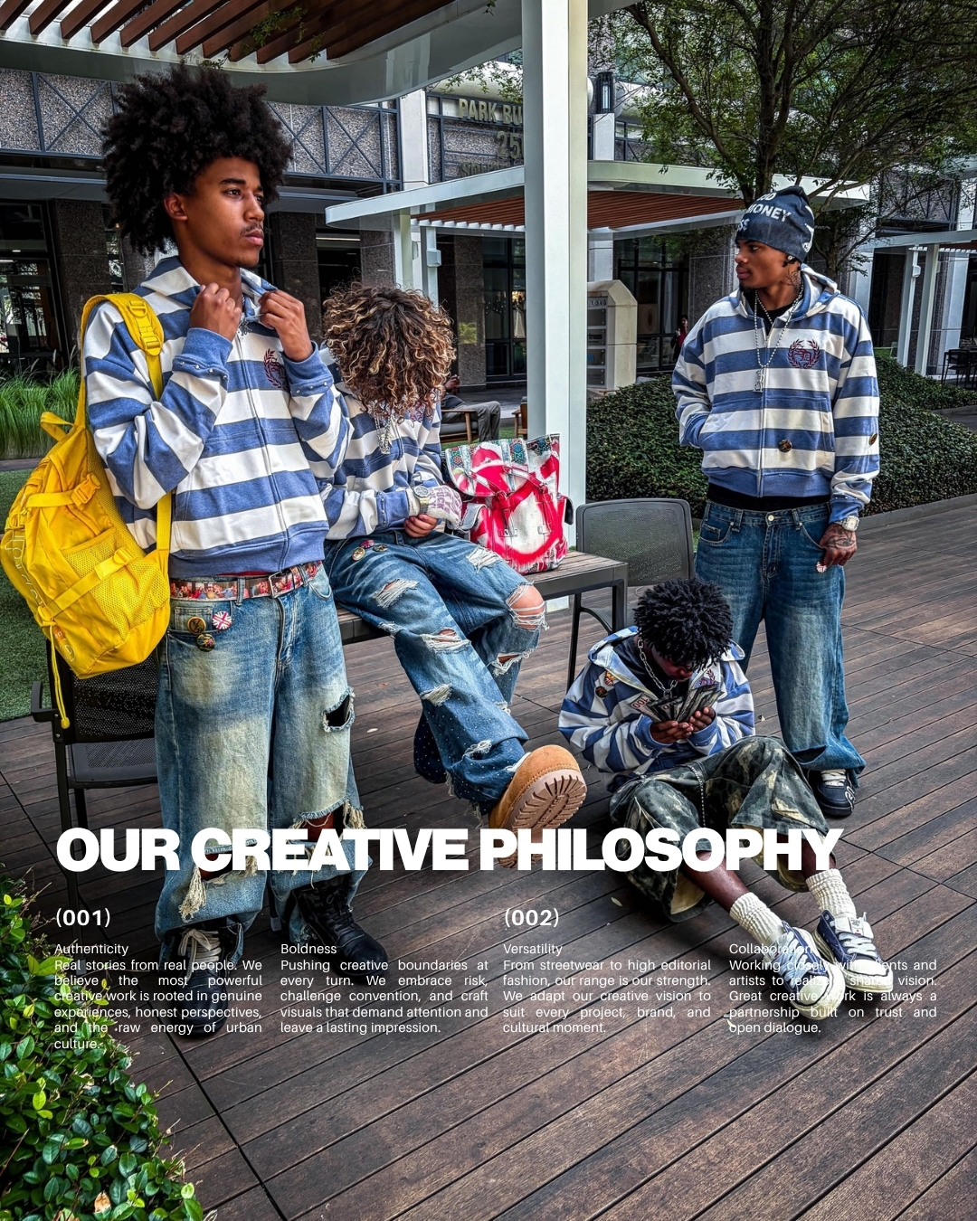 Aspect Studios group editorial — striped knitwear campaign frame